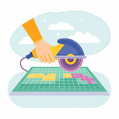 Hand Using Circular Saw to Cut Colorful Tiles on Green Surface