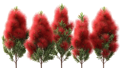 Five red bottlebrush flowers isolated on transparent background