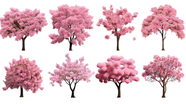 Collection of eight stylized pink flowering trees isolated on transparent background