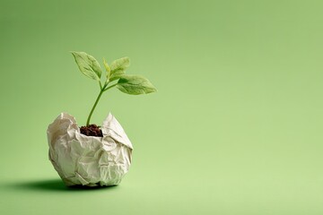 Small sprout emerging from crumpled paper on a light green background