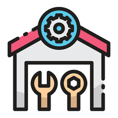 Garage icon with tools and a gear symbol
