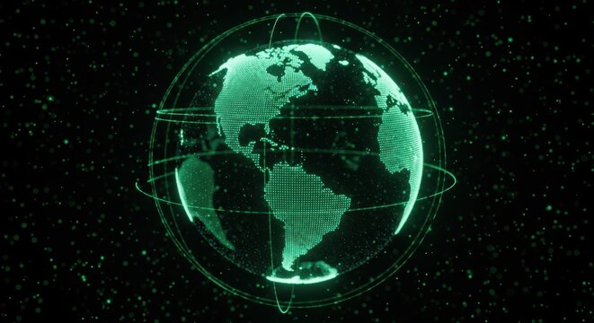 Glowing Digital Earth with Orbiting Rings and Particle Field globe technology