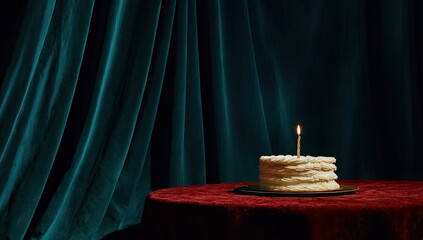 Birthday cake on a dark table, teal velvet backdrop