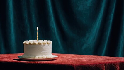 Simple birthday cake on a red velvet cloth, teal background