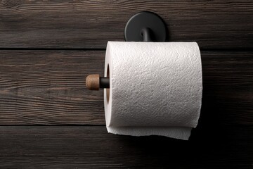 Roll of white toilet paper on a dark wooden wall
