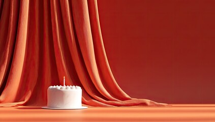 A single white cake with a lit candle, bathed in orange light, behind a draped orange curtain