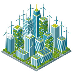 Isometric view of an eco-friendly city with green buildings and wind turbines.