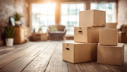 Cardboard boxes stacked on wooden floor in a bright room