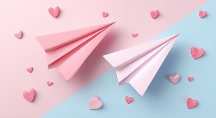 Pastel pink and light blue background with paper airplanes and hearts