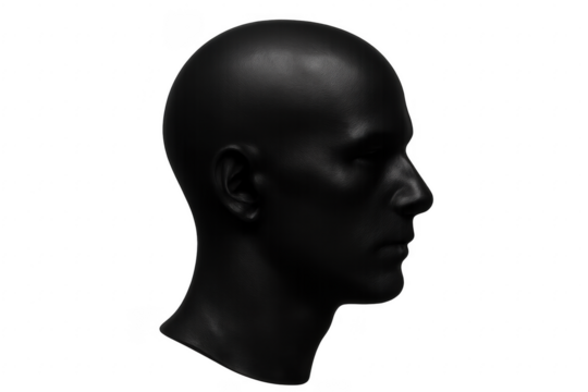 Mannequin head profile dark, bald, faceless, isolated, transparent