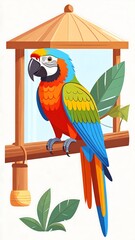 Colorful parrot in a wooden birdhouse