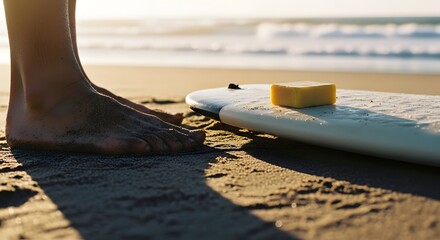 Close up view of a person's feet and surfboard on sandy beach at sunset with ocean waves