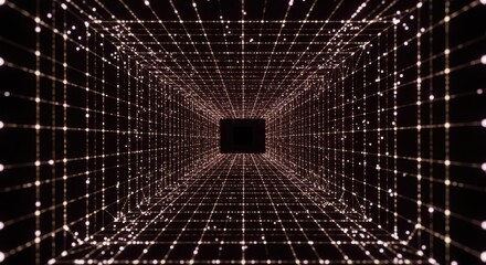 Glowing White Grid Tunnel with Floating Dots on Dark Background abstract wireframe
