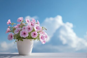 Fototapeta premium Pink flowers in a white pot against a blue sky (2)