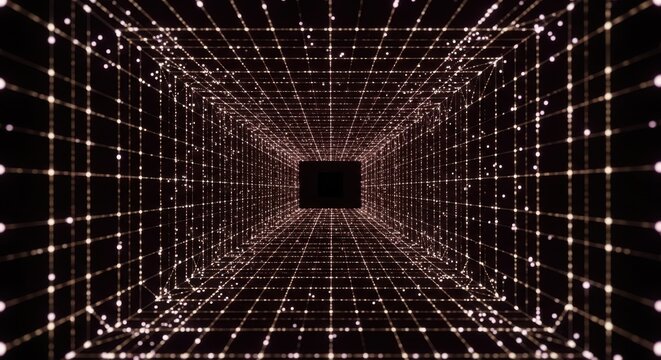 Glowing White Grid Tunnel with Floating Dots on Dark Background abstract wireframe - Powered by Adobe