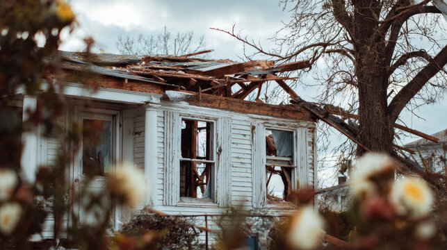 Abandoned house with a collapsing roof surrounded by overgrown flowers and trees on a cloudy day, showcasing significant weather damage and neglect.