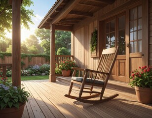 a house with a wooden courtyard with a rocking chair.