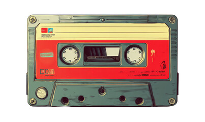 Fototapeta premium Vintage audio cassette tape with red and yellow label on a white background.