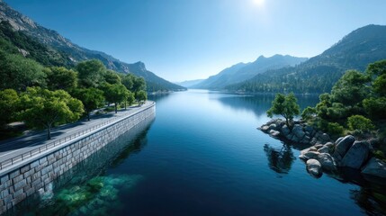 Aerial View of Turquoise Lake Surrounded by Green Mountains Under Bright Sunlight Creates Tranquil Landscape Scenery with Natural Beauty and Clear Water