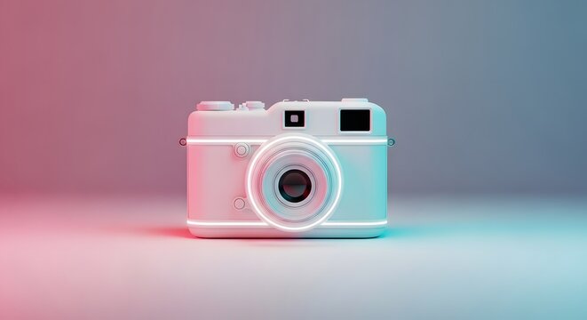 Retro analog camera with neon light effects and soft ambient glow