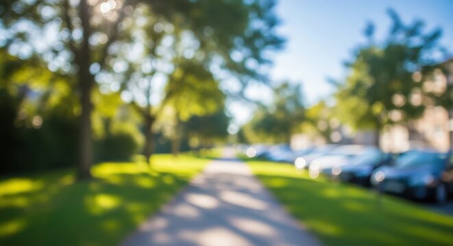 Sunlit park pathway with blurred trees and parked cars bokeh image