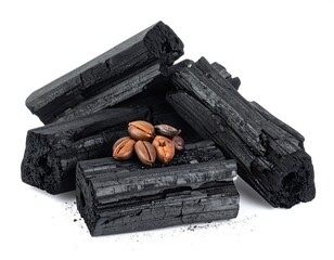 Black charcoal briquettes with coffee beans
