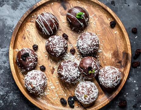 Assorted chocolate cookies on a wooden platter