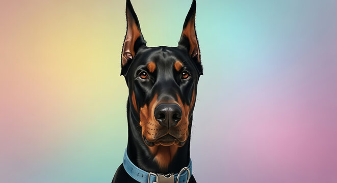 Portrait of a Doberman Pinscher dog with cropped ears, wearing a blue collar against a colorful pastel background.