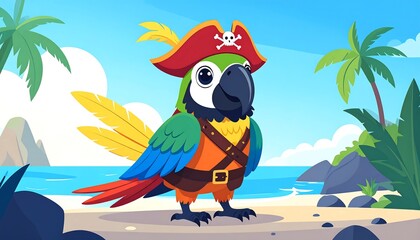 Colorful parrot pirate on a beach