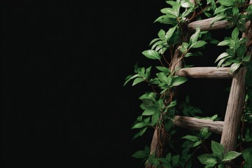 Obraz premium Rustic wooden ladder draped with vibrant greenery