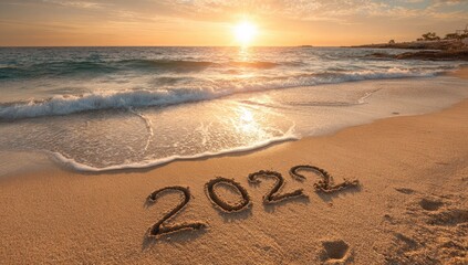 Sunset beach scene, sand inscription 2023