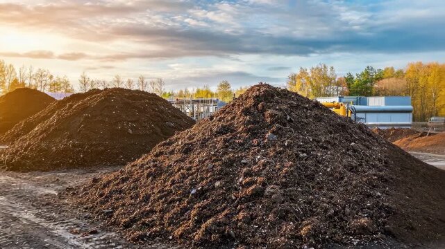 Large piles of compost at a recycling center under a bright, cloudy sky.