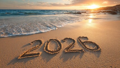 Sand beach sunset with new year 2026