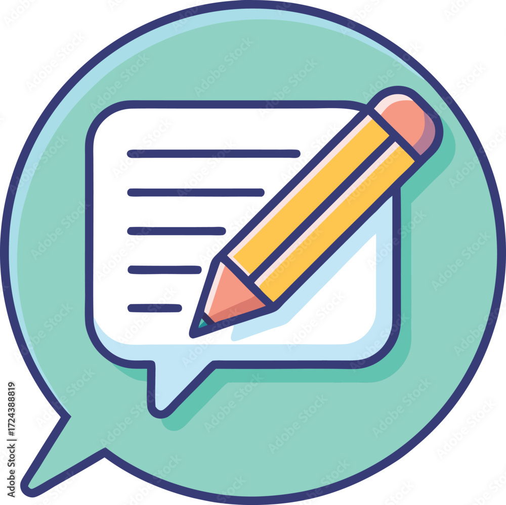 Poster flat line icon of a message bubble with a writing pencil.
