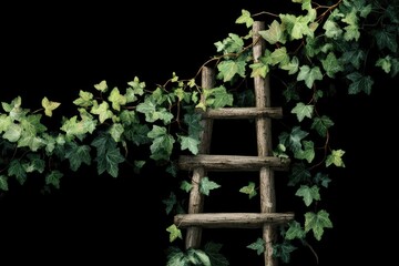 Rustic wooden ladder entwined with ivy against a dark background