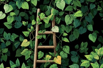 Wooden ladder amidst lush green foliage