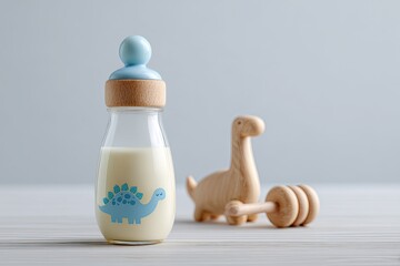 Baby bottle and wooden toys on a white surface