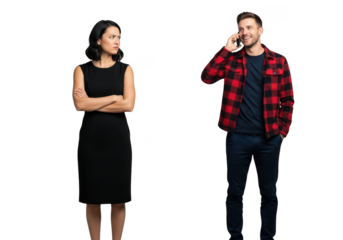 Man on phone smiling while woman looks away arms crossed isolated on transparent background