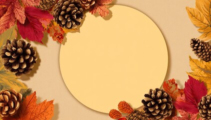 Autumnal circle framed by leaves and pine cones