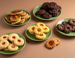 Assorted cookies on green plates, arranged on a beige background