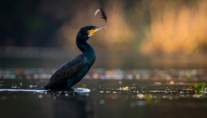 A cormorant, dark and sleek, stands in water, catching a fish