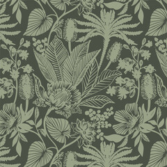 Botanical seamless tropical pattern with bright plants and leaves on dark background. tropical wallpaper. jungle print. vector design. Printing and textiles. Exotic tropics. Summer design