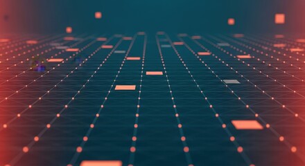 Futuristic digital grid with orange dots and squares abstract technology background network