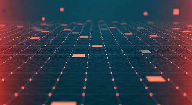 Futuristic digital grid with orange dots and squares abstract technology background network