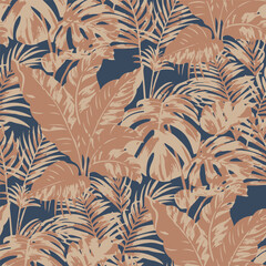 Botanical seamless tropical pattern with bright plants and leaves on dark background. tropical wallpaper. jungle print. vector design. Printing and textiles. Exotic tropics. Summer design