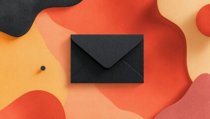 Flat lay of a black envelope on a colorful paper background