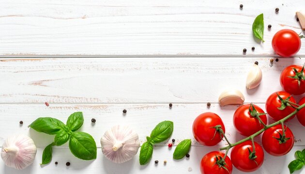 Fresh Italian cooking ingredients including ripe cherry tomatoes, basil, and garlic arranged on a white wood tabletop with ample copy space