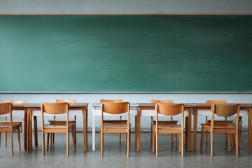 Empty classroom with green chalkboard