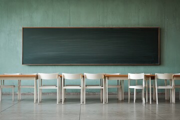 Empty classroom with a blank chalkboard