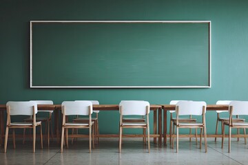 A classroom scene with a large blank chalkboard and rows of desks